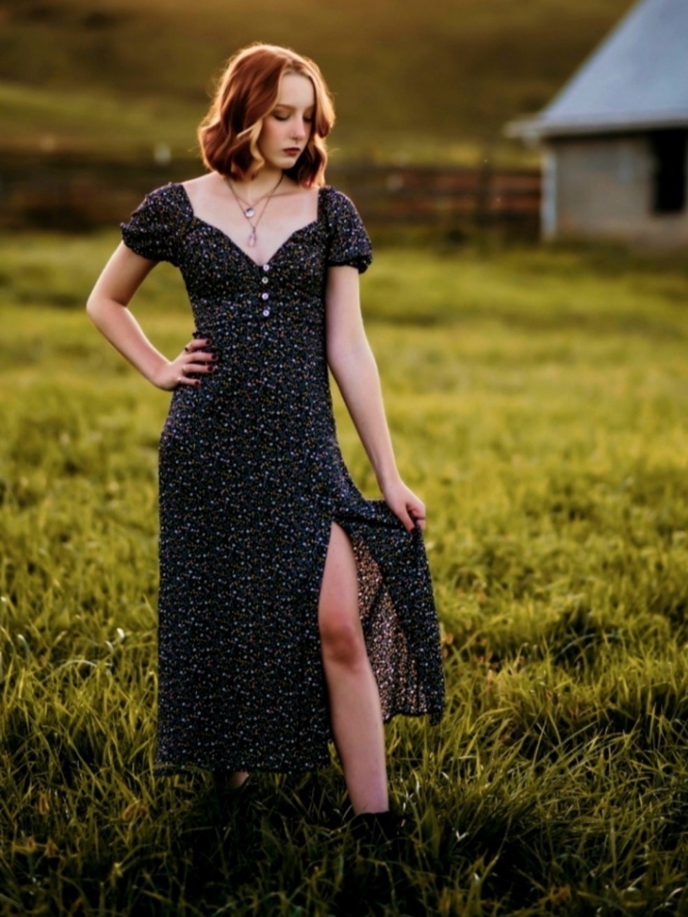 Floral Button-Front Black Maxi Dress with Side Slit